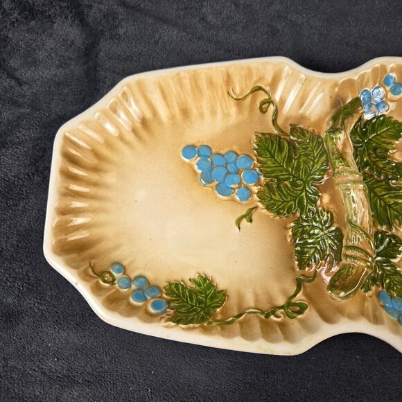 Vintage Majolica Grapevine 2 Section Candy Dish/Olive Dish Painted & Glazed - Picture 9 of 13